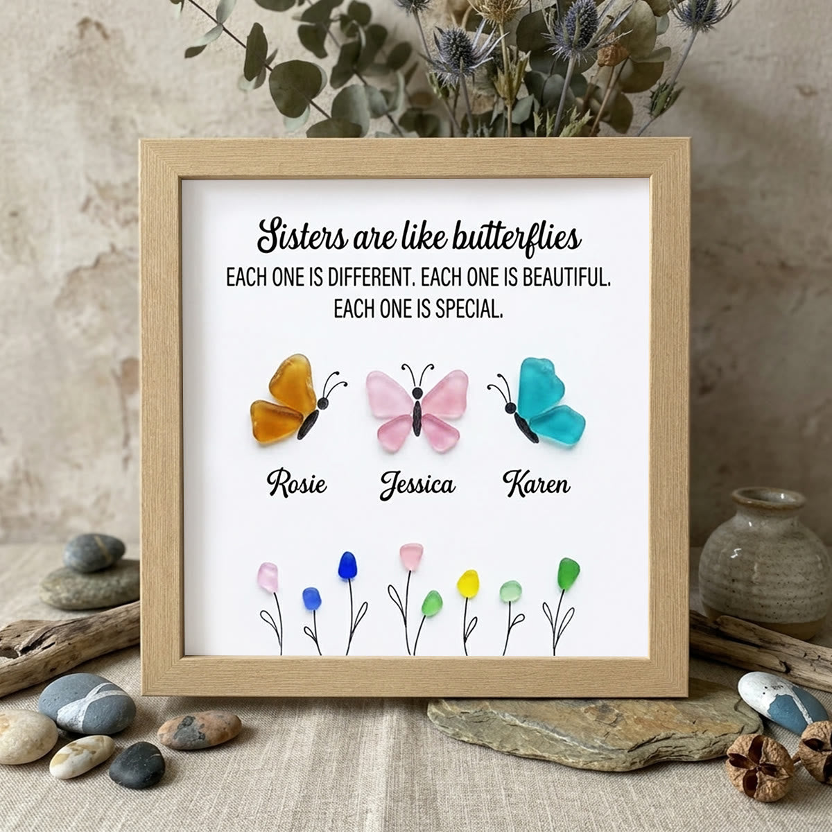 Sister Butterflies Custom Name Sea Glass Framed Art - Oak - 8" X 8" - image 7