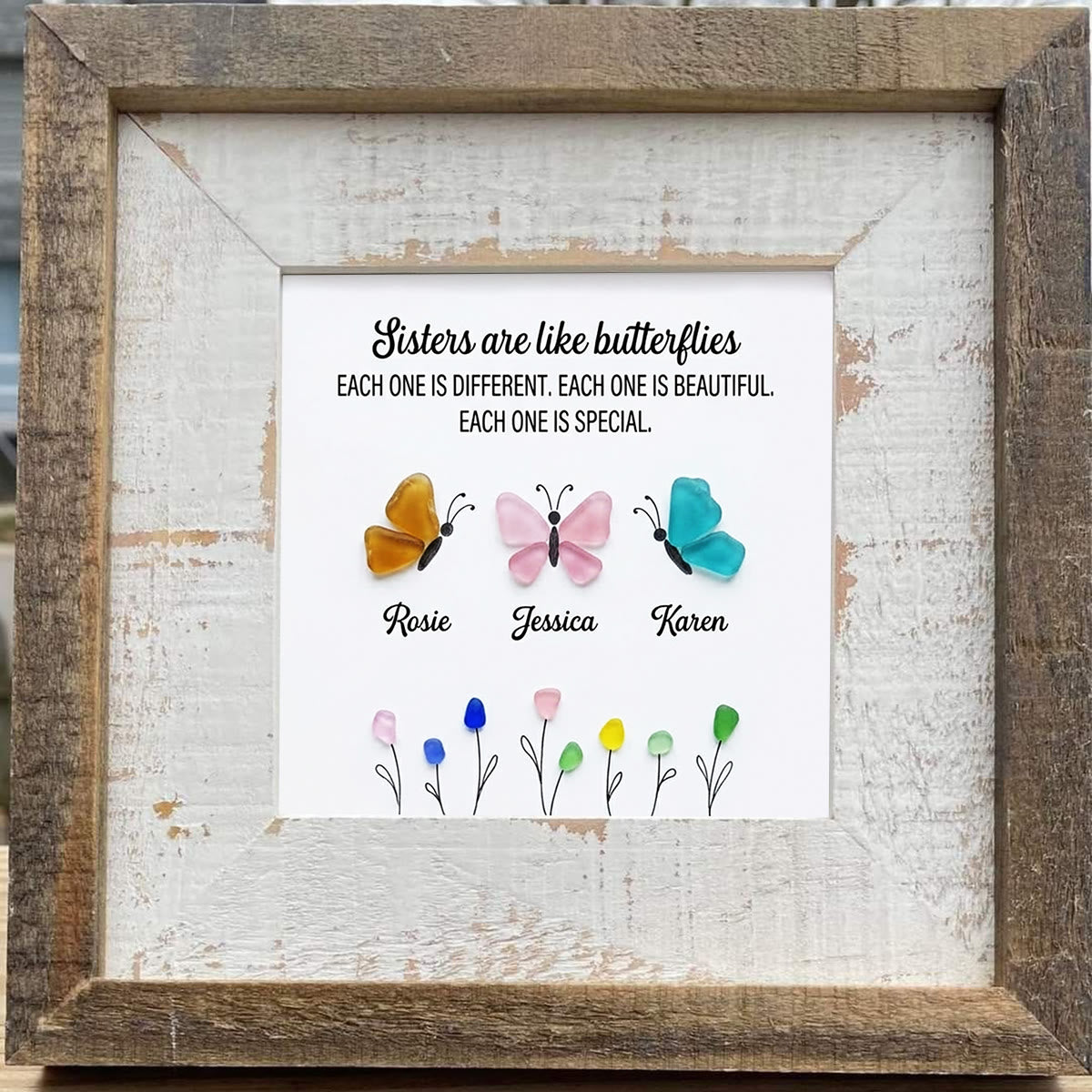 Sister Butterflies Custom Name Sea Glass Framed Art - image 3