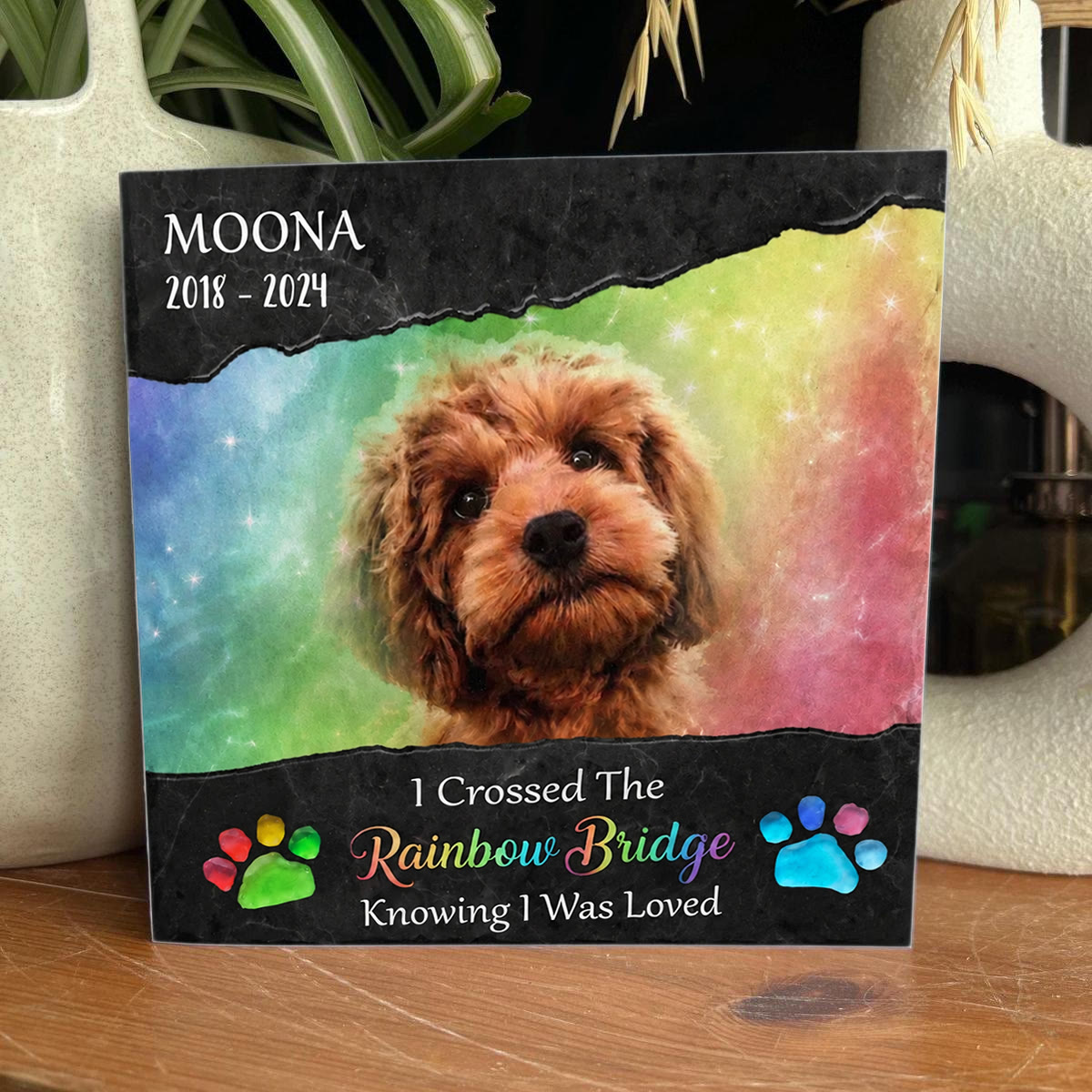 Personalized Rainbow Bridge Pet Memorial Sea Glass Framed Art - Seaglass Card - 8" X 8" - image 1