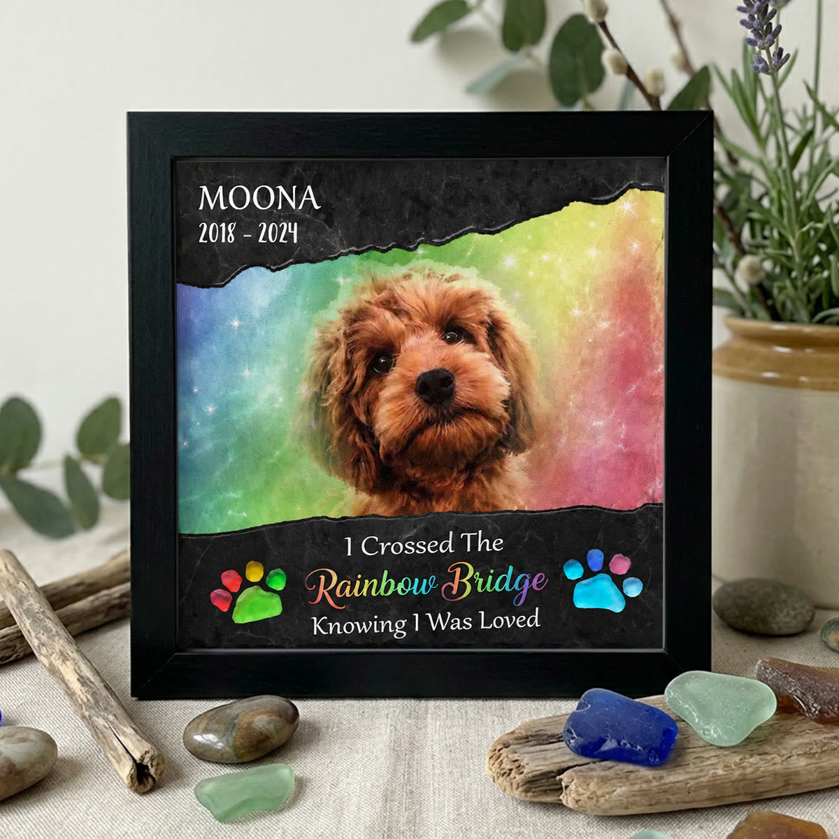 Personalized Rainbow Bridge Pet Memorial Sea Glass Framed Art - Black - 8" X 8" - image 0