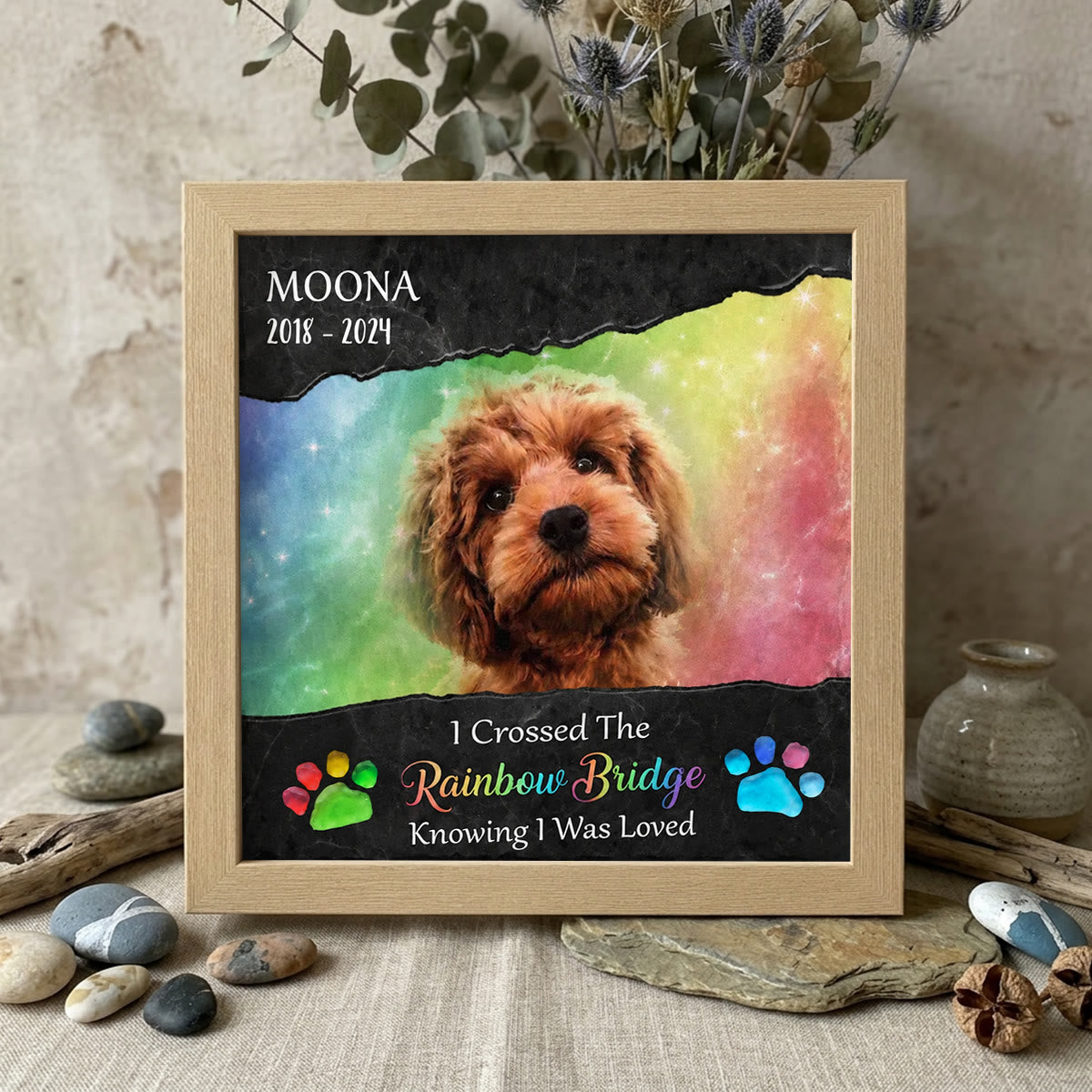 Personalized Rainbow Bridge Pet Memorial Sea Glass Framed Art - Oak - 8" X 8" - image 8