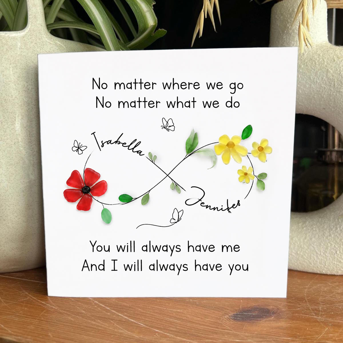 Infinity Symbol Custom Friendship Names Sea Glass Framed Art - Seaglass Card - 8" X 8" - image 1