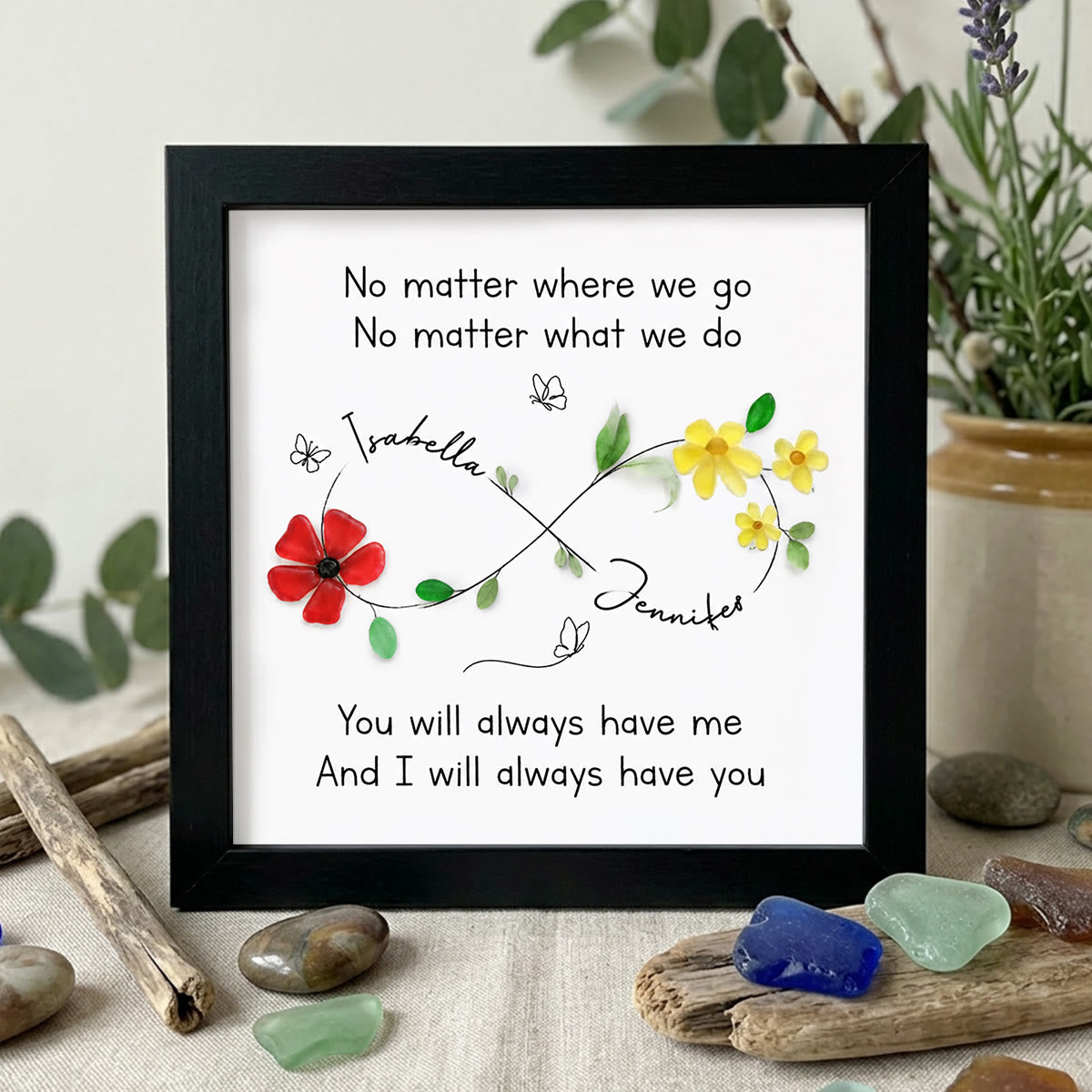 Infinity Symbol Custom Friendship Names Sea Glass Framed Art - Black - 8" X 8" - image 8
