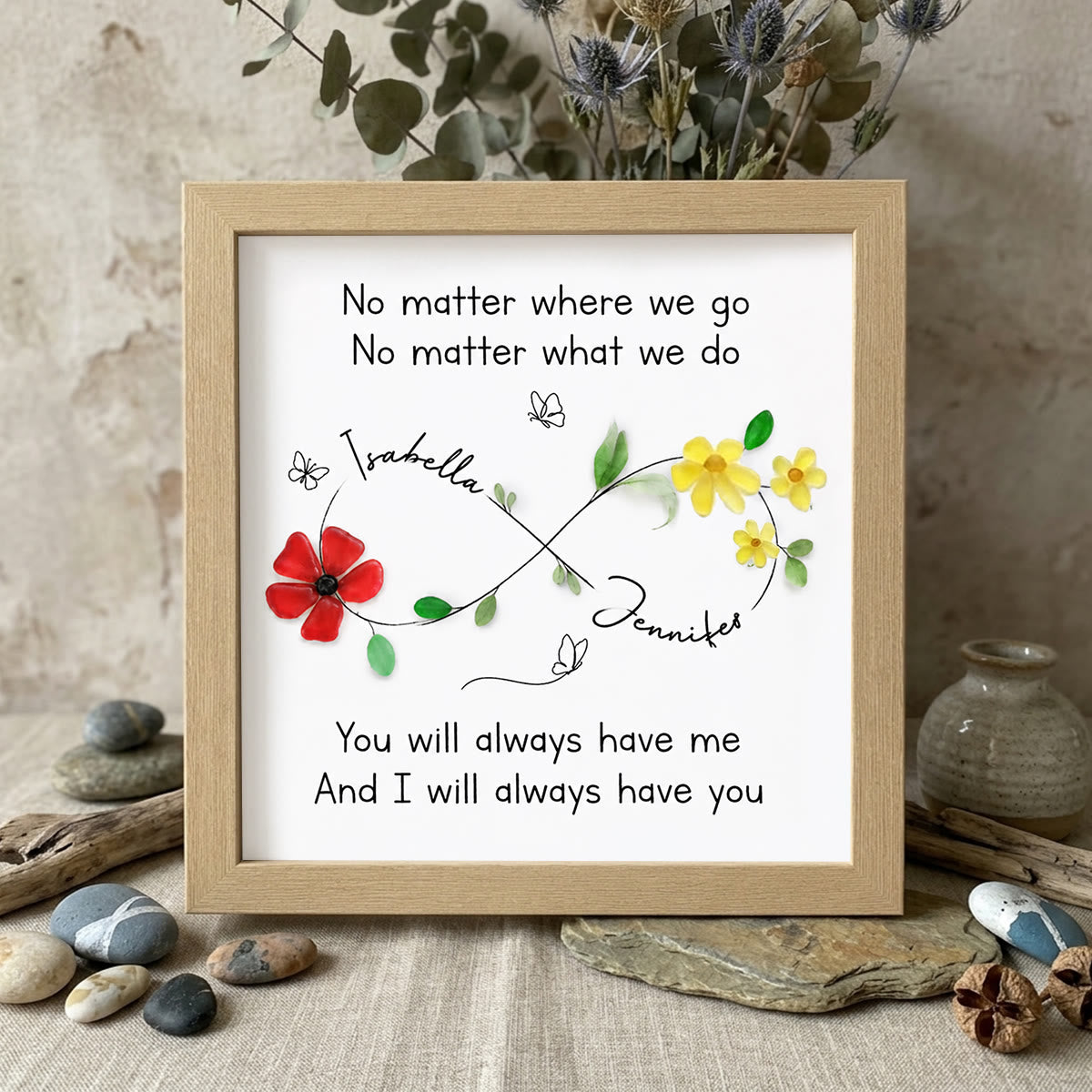 Infinity Symbol Custom Friendship Names Sea Glass Framed Art - Oak - 8" X 8" - image 7