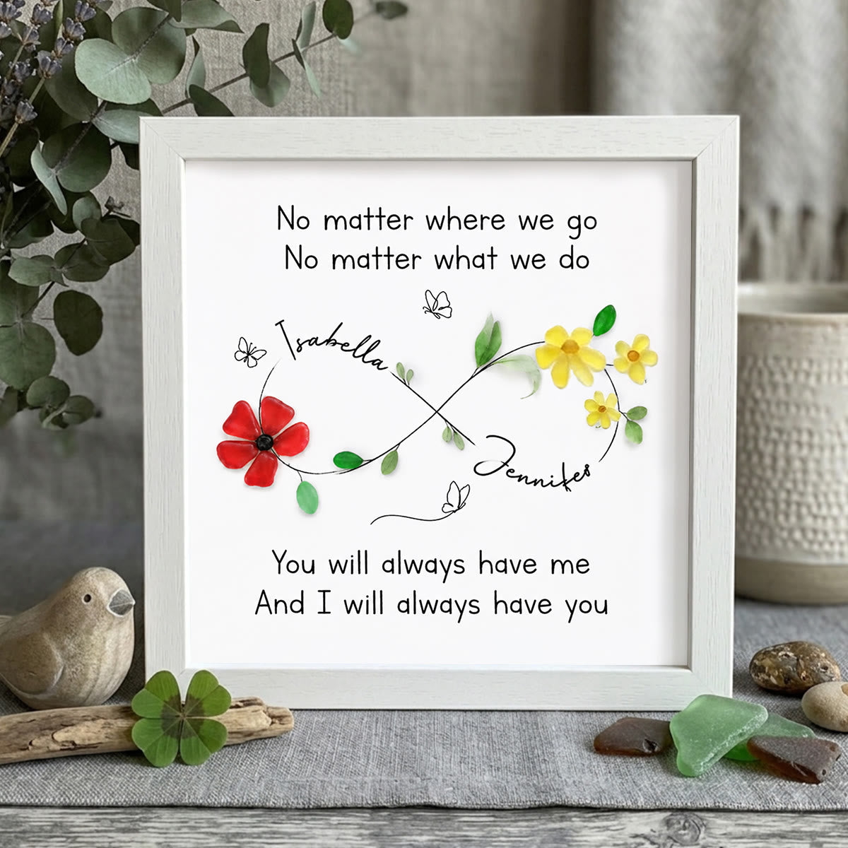 Infinity Symbol Custom Friendship Names Sea Glass Framed Art - White - 8" X 8" - image 9