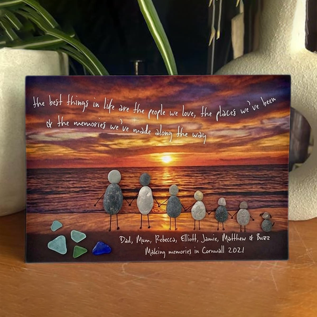 "Best Things In Life" Custom Family Names & Year Sea Glass Framed Art - Seaglass Card - 6" X 8" - image 1