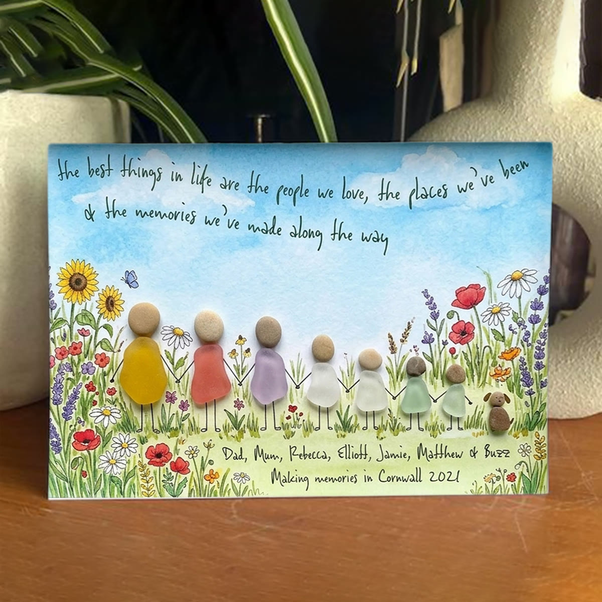 Meadow Wildflower Custom Names & Date Family Sea Glass Framed Art - Seaglass Card - 6" X 8" - image 1