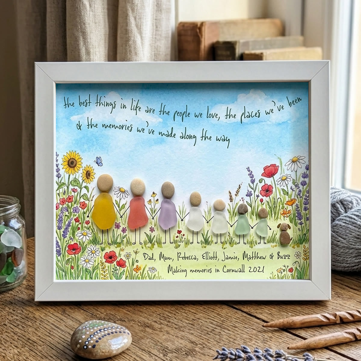 Meadow Wildflower Custom Names & Date Family Sea Glass Framed Art - White - 6" X 8" - image 11