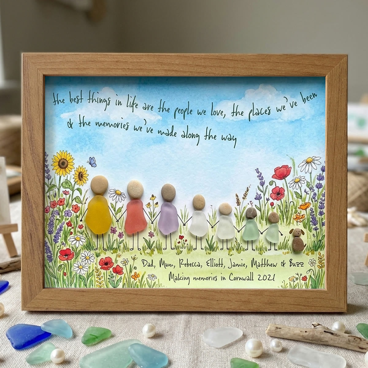 Meadow Wildflower Custom Names & Date Family Sea Glass Framed Art - Walnut Brown - 6" X 8" - image 9