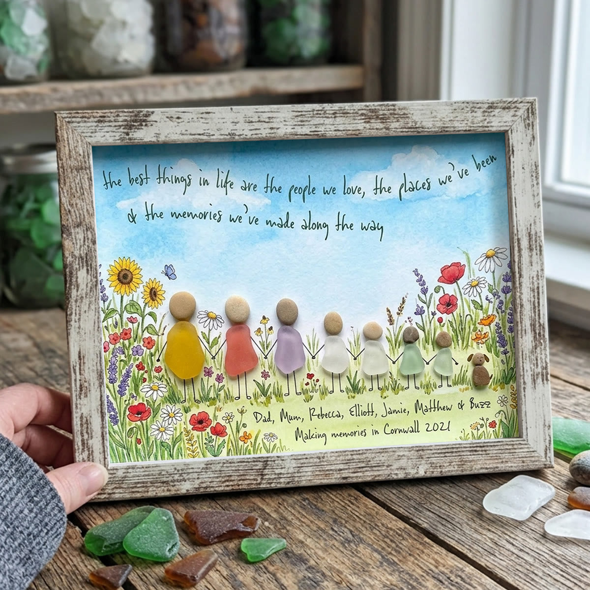 Meadow Wildflower Custom Names & Date Family Sea Glass Framed Art - Retro White - 6" X 8" - image 12