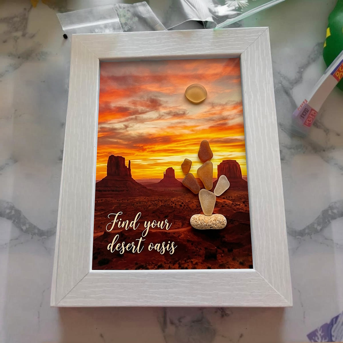 Find Your Desert Oasis Sunset Cactus Sea Glass Framed Art - image 0