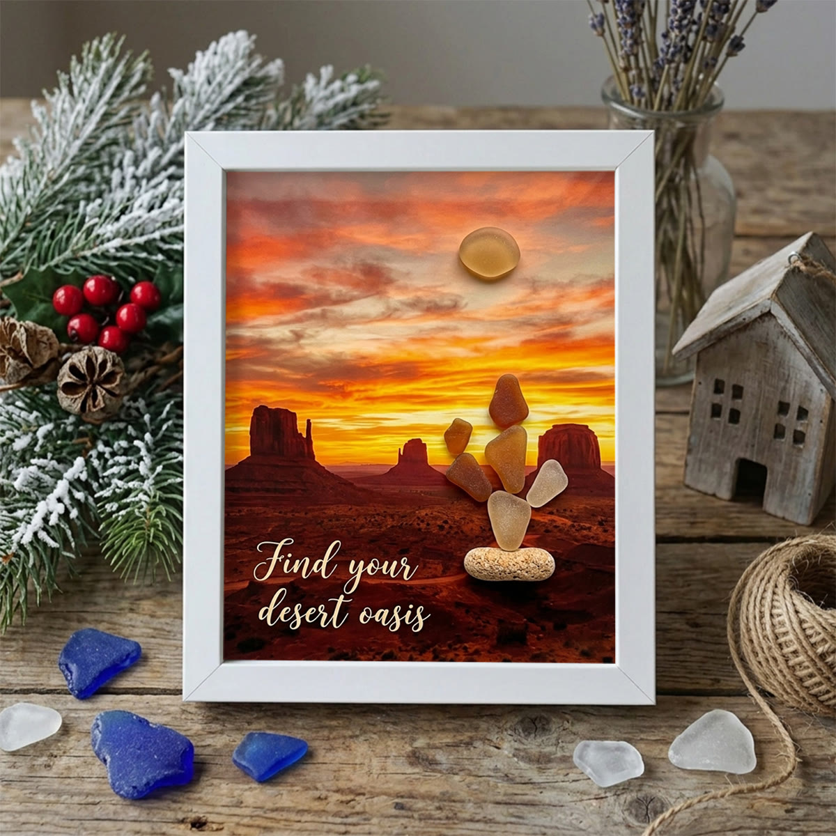 Find Your Desert Oasis Sunset Cactus Sea Glass Framed Art - White - 8" X 6" - image 9