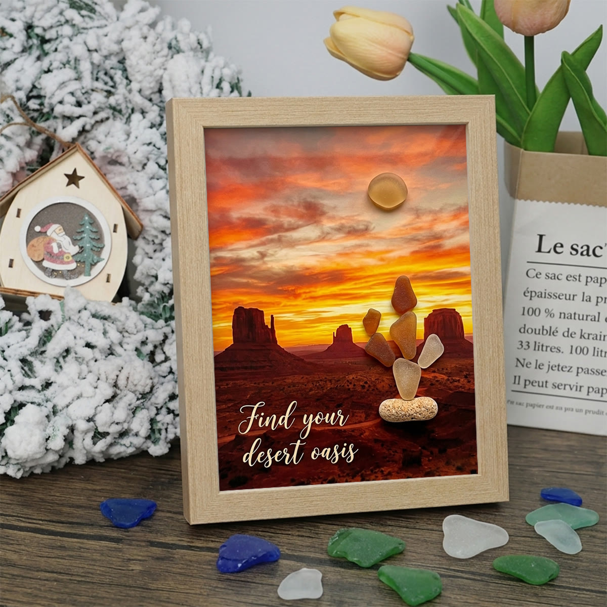 Find Your Desert Oasis Sunset Cactus Sea Glass Framed Art - Oak - 8" X 6" - image 6