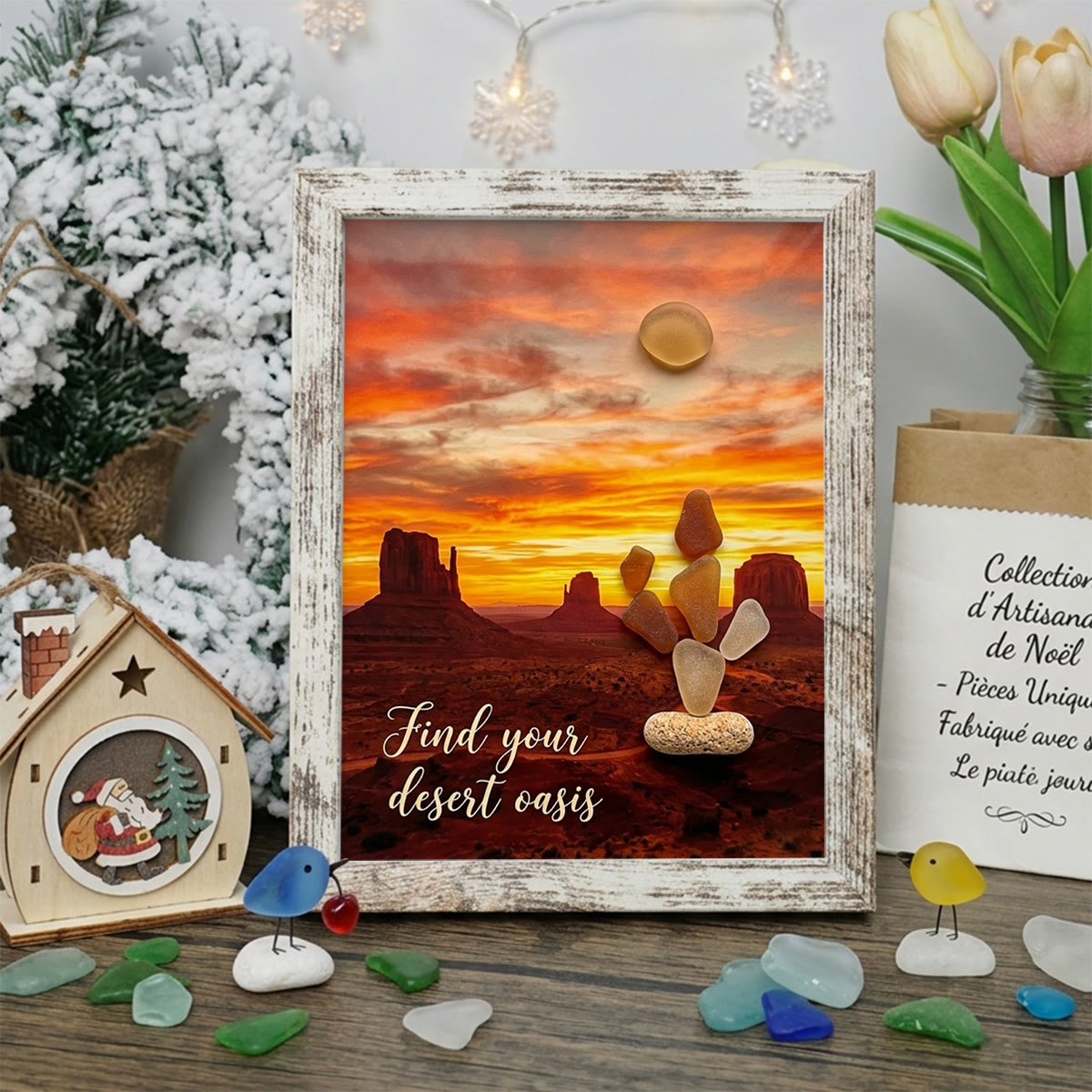 Find Your Desert Oasis Sunset Cactus Sea Glass Framed Art - Retro White - 8" X 6" - image 10