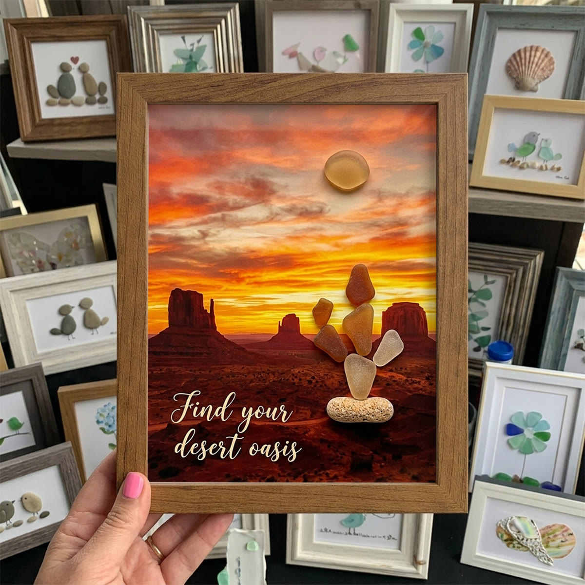 Find Your Desert Oasis Sunset Cactus Sea Glass Framed Art - Walnut Brown - 8" X 6" - image 7