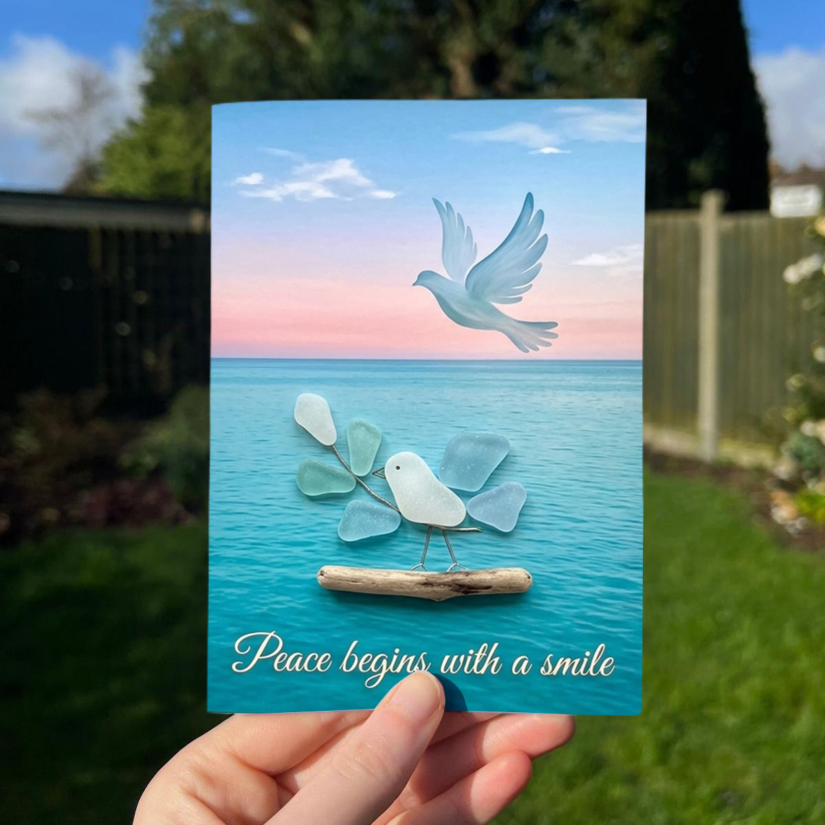 "Peace Begins With A Smile" Dove Sea Glass Framed Art - Seaglass Card - 8" X 6" - image 1
