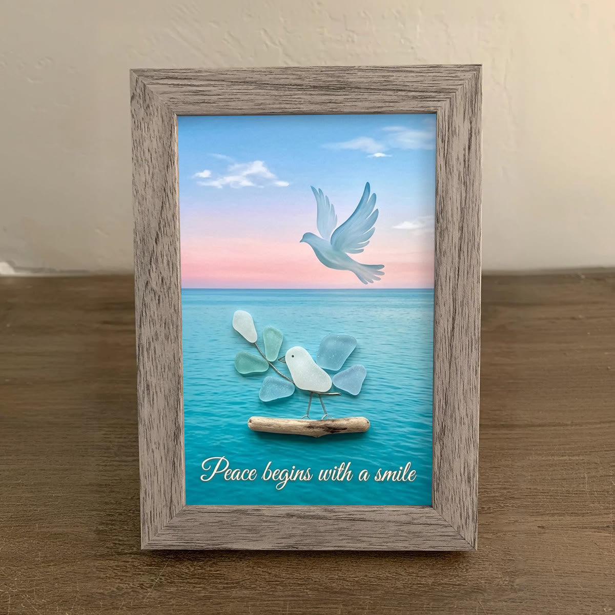 "Peace Begins With A Smile" Dove Sea Glass Framed Art - image 4