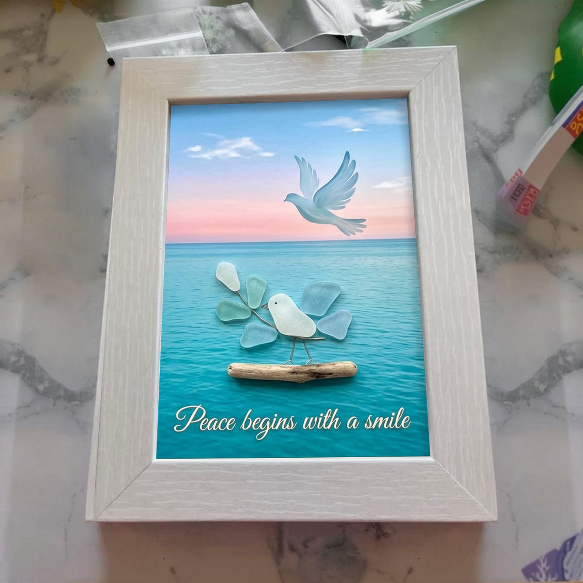 "Peace Begins With A Smile" Dove Sea Glass Framed Art - image 3