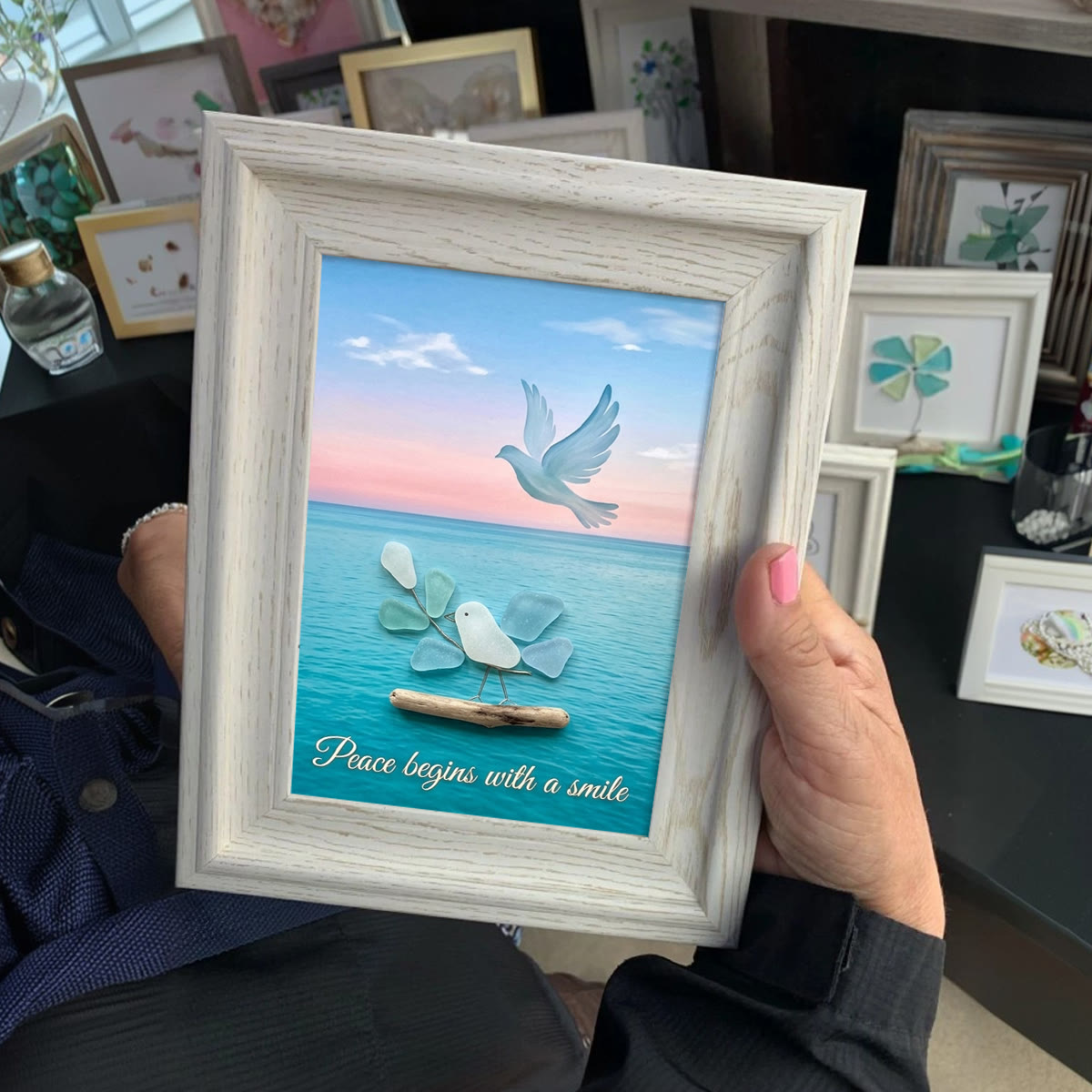 "Peace Begins With A Smile" Dove Sea Glass Framed Art - image 0
