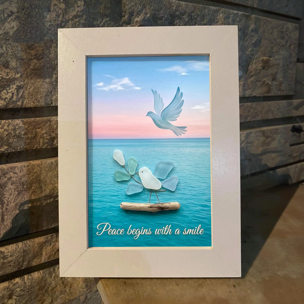 "Peace Begins With A Smile" Dove Sea Glass Framed Art - image 5