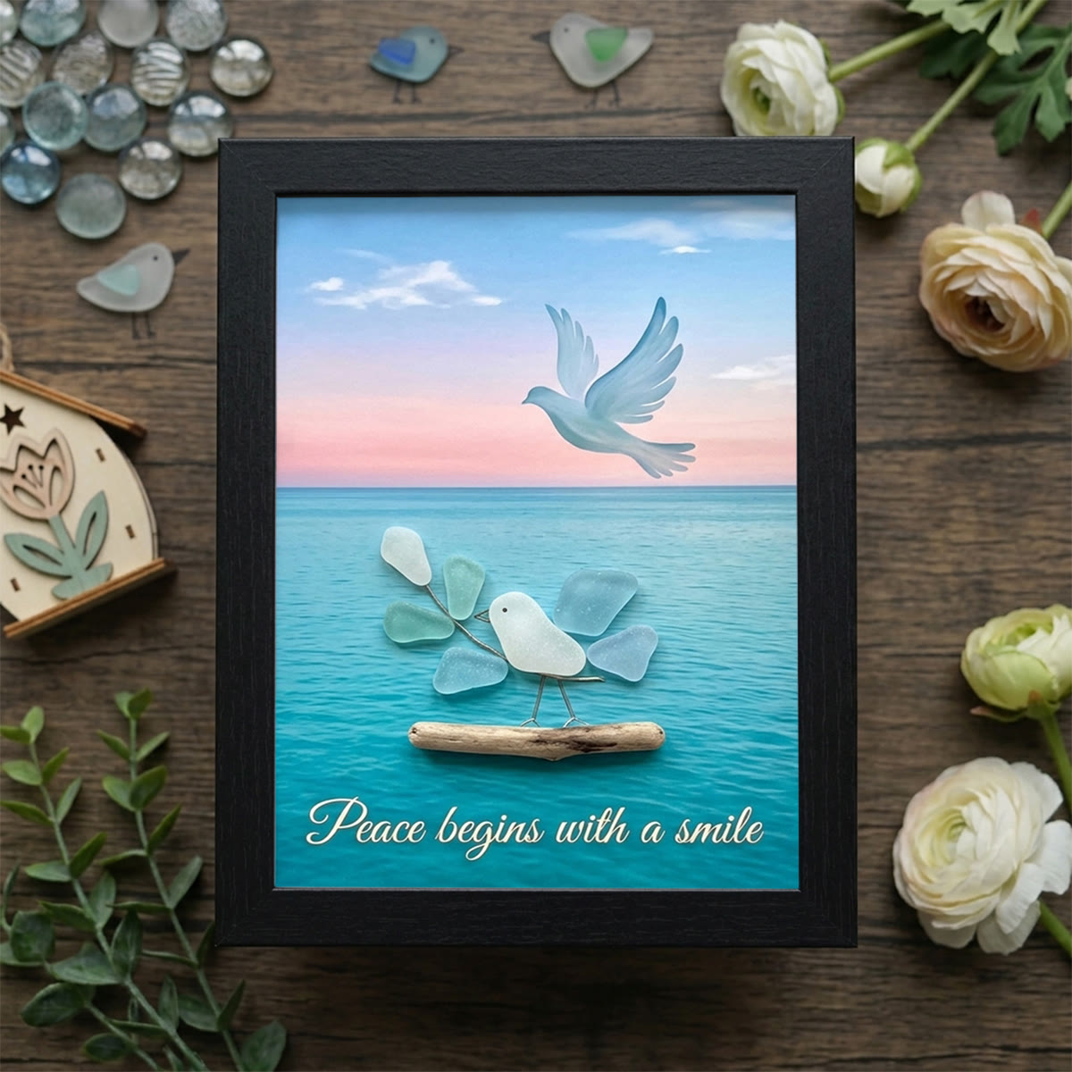 "Peace Begins With A Smile" Dove Sea Glass Framed Art - Black - 8" X 6" - image 8