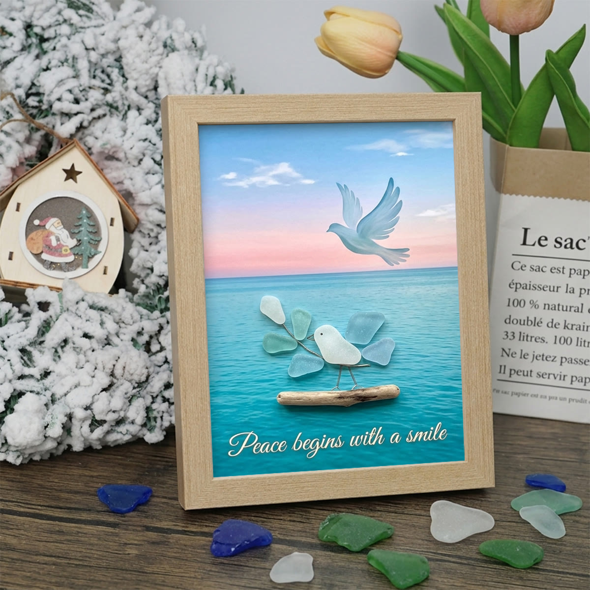 "Peace Begins With A Smile" Dove Sea Glass Framed Art - Oak - 8" X 6" - image 6