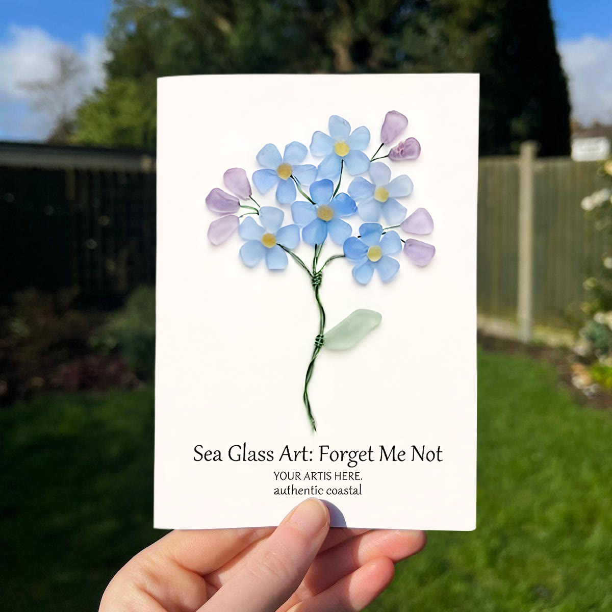 Forget Me Not Blue Floral Sea Glass Framed Art - Seaglass Card - 8" X 6" - image 1