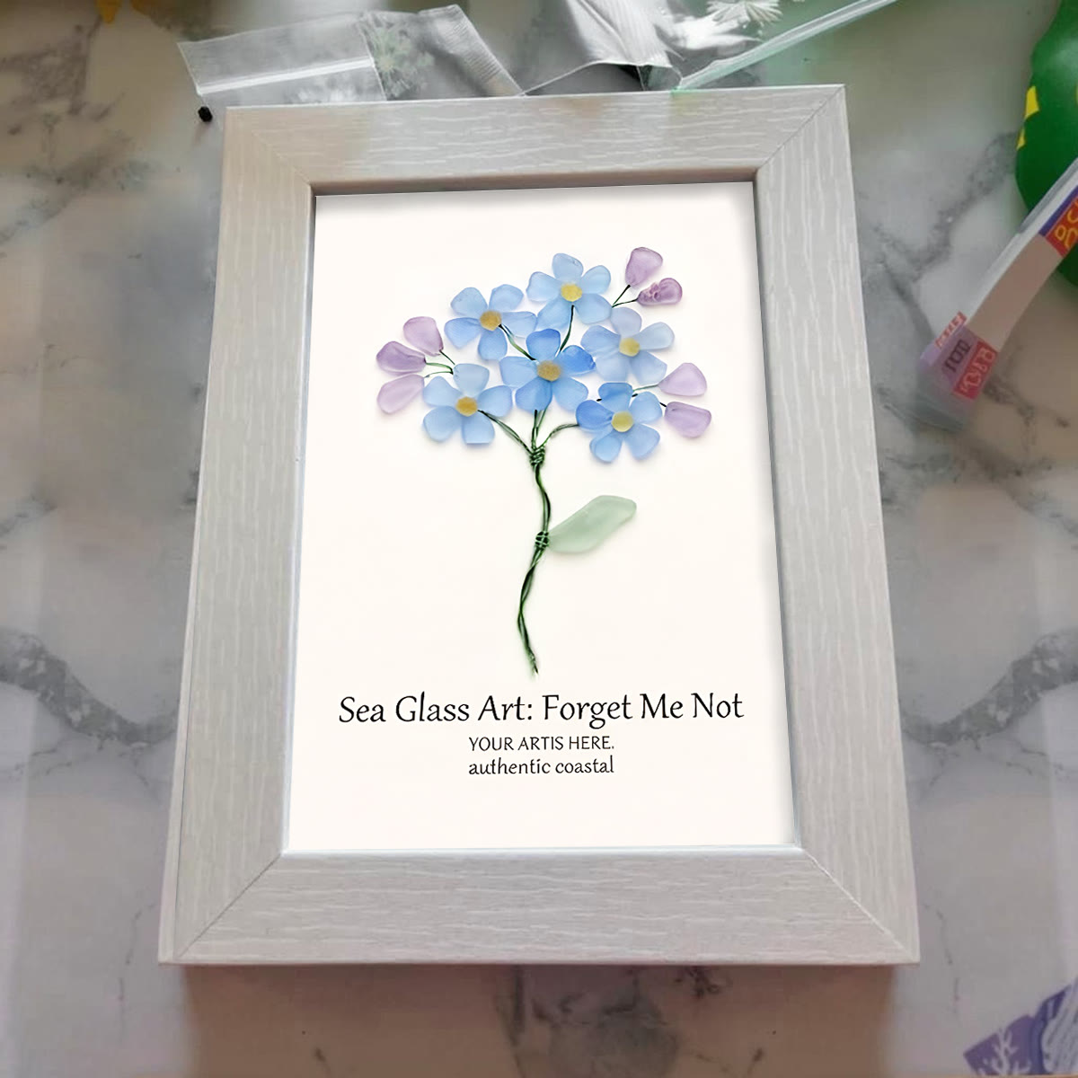Forget Me Not Blue Floral Sea Glass Framed Art - image 3