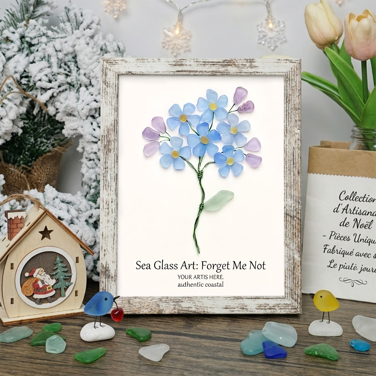 Forget Me Not Blue Floral Sea Glass Framed Art - Retro White - 8" X 6" - image 10