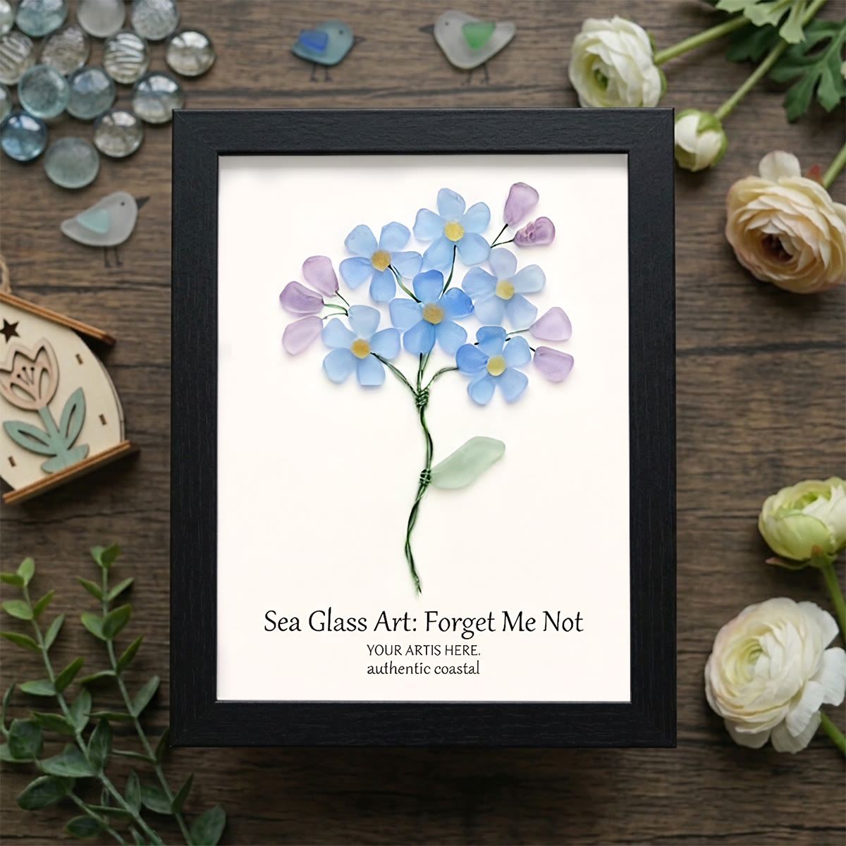 Forget Me Not Blue Floral Sea Glass Framed Art - Black - 8" X 6" - image 8