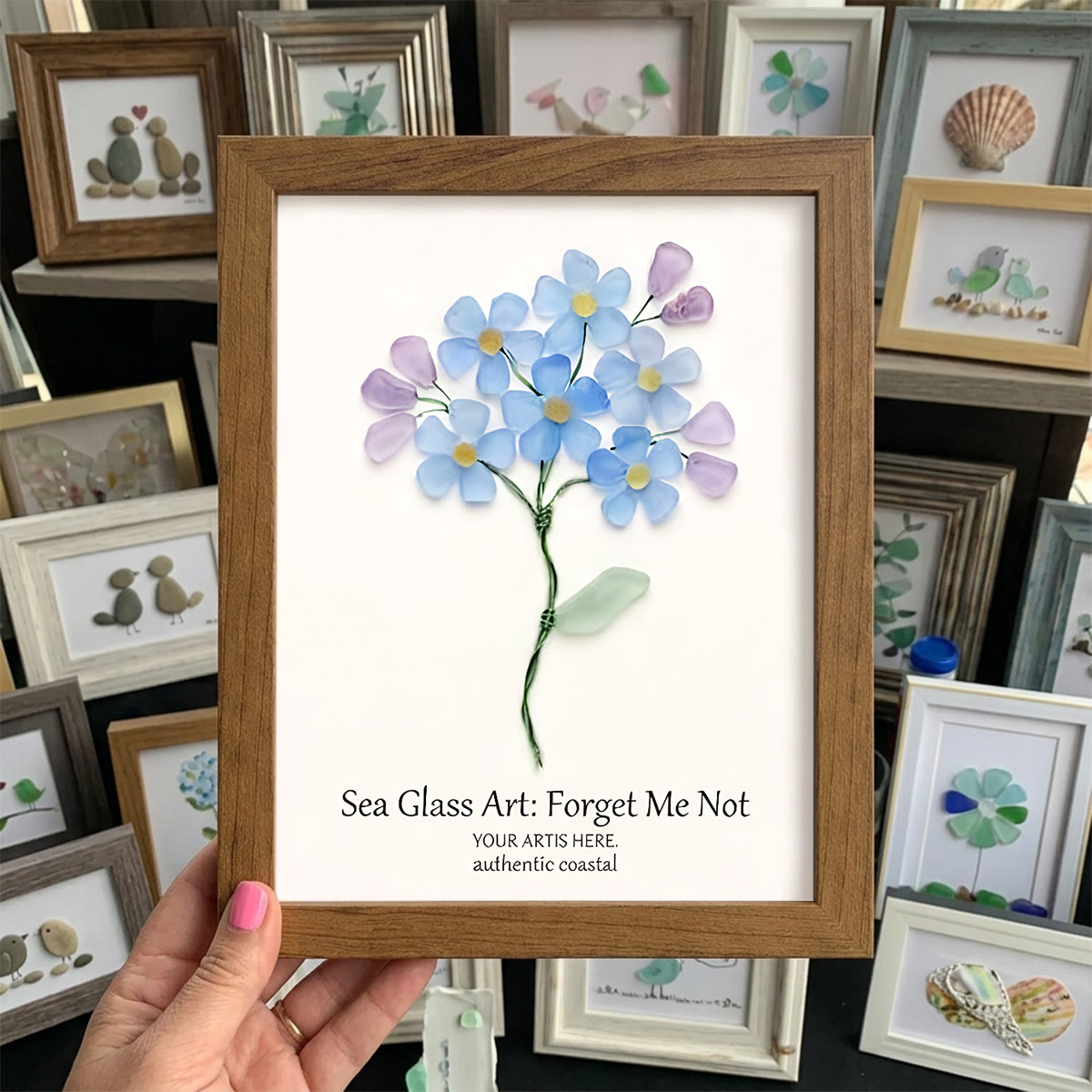 Forget Me Not Blue Floral Sea Glass Framed Art - Walnut Brown - 8" X 6" - image 7