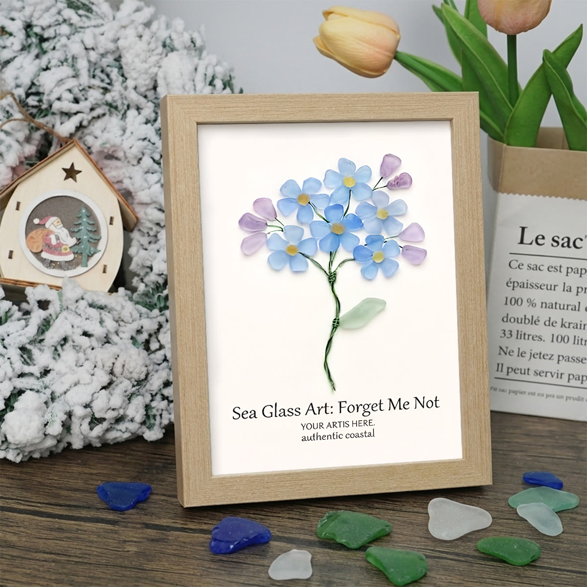Forget Me Not Blue Floral Sea Glass Framed Art - Oak - 8" X 6" - image 6