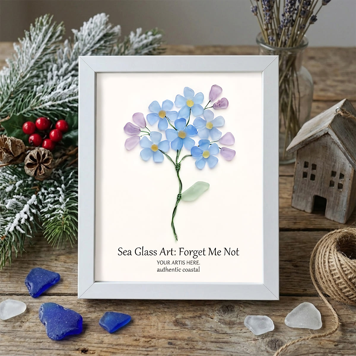 Forget Me Not Blue Floral Sea Glass Framed Art - White - 8" X 6" - image 9