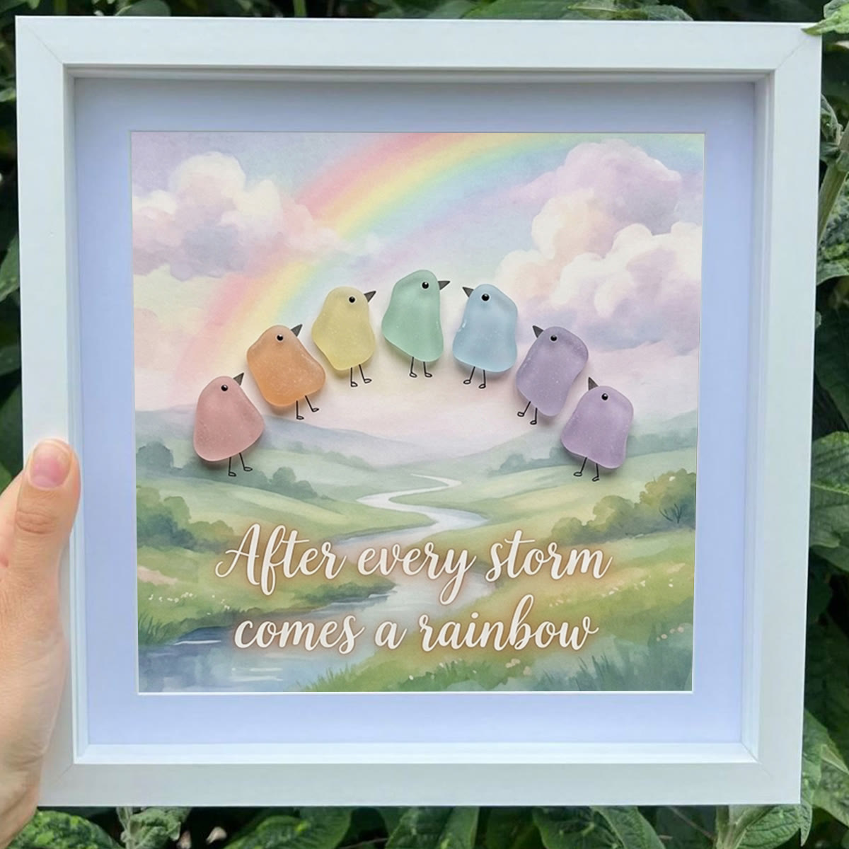 "After Every Storm Comes A Rainbow" Birds Sea Glass Framed Art - image 0