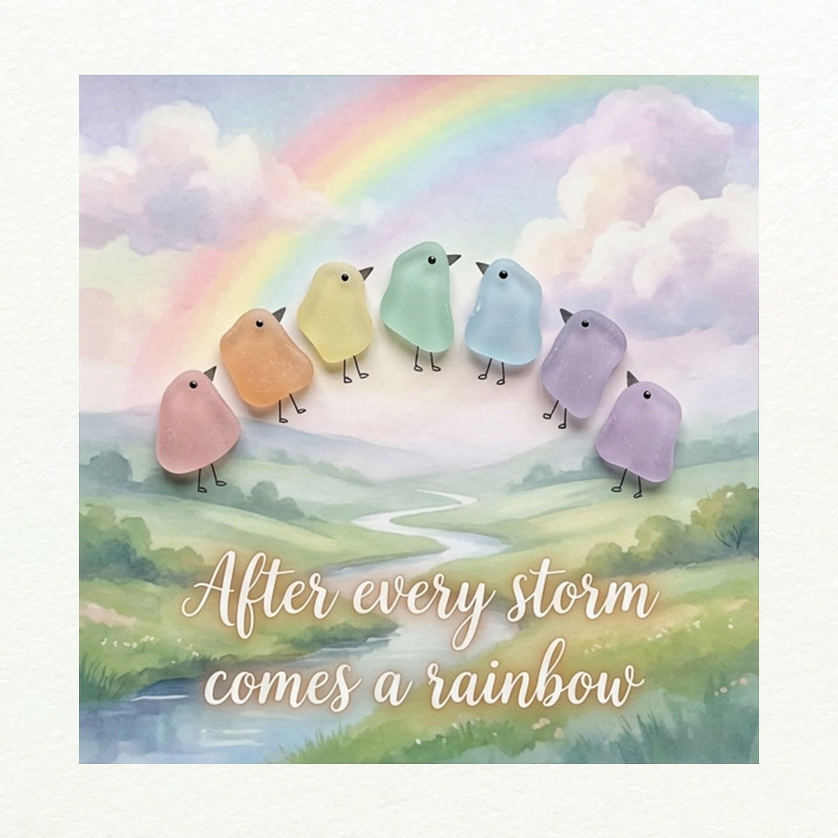 "After Every Storm Comes A Rainbow" Birds Sea Glass Framed Art - Seaglass Card - 8" X 8" - image 1