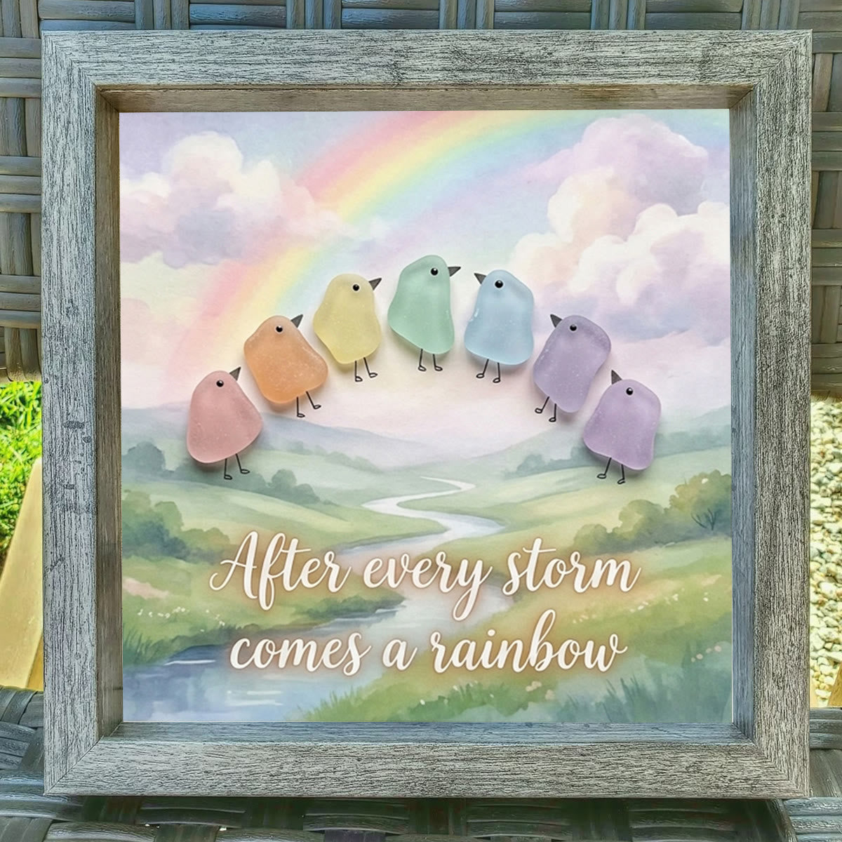 "After Every Storm Comes A Rainbow" Birds Sea Glass Framed Art - image 4