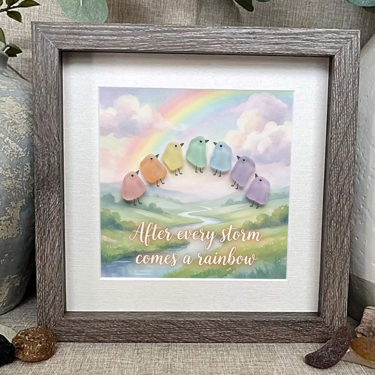 "After Every Storm Comes A Rainbow" Birds Sea Glass Framed Art - image 3