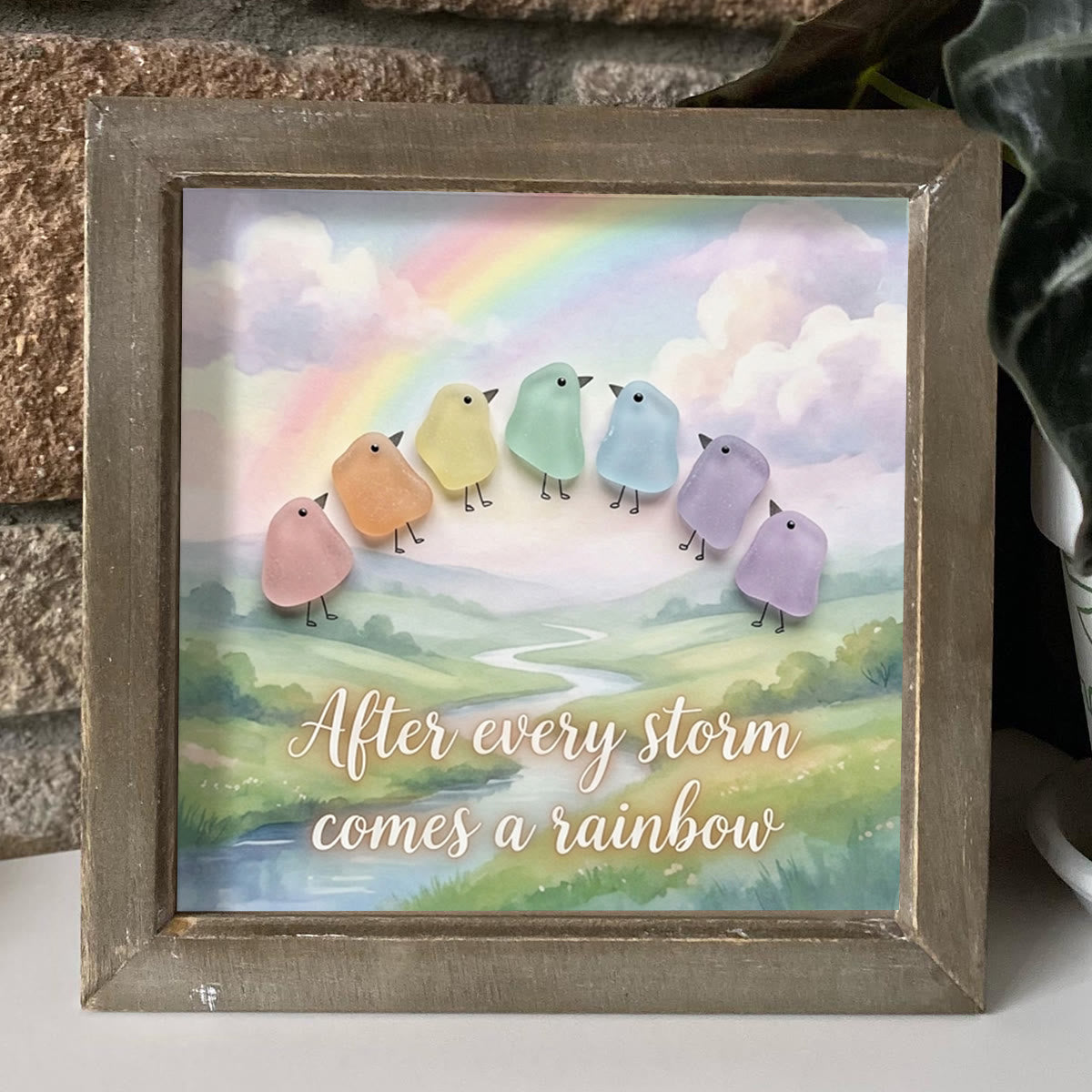 "After Every Storm Comes A Rainbow" Birds Sea Glass Framed Art - image 2