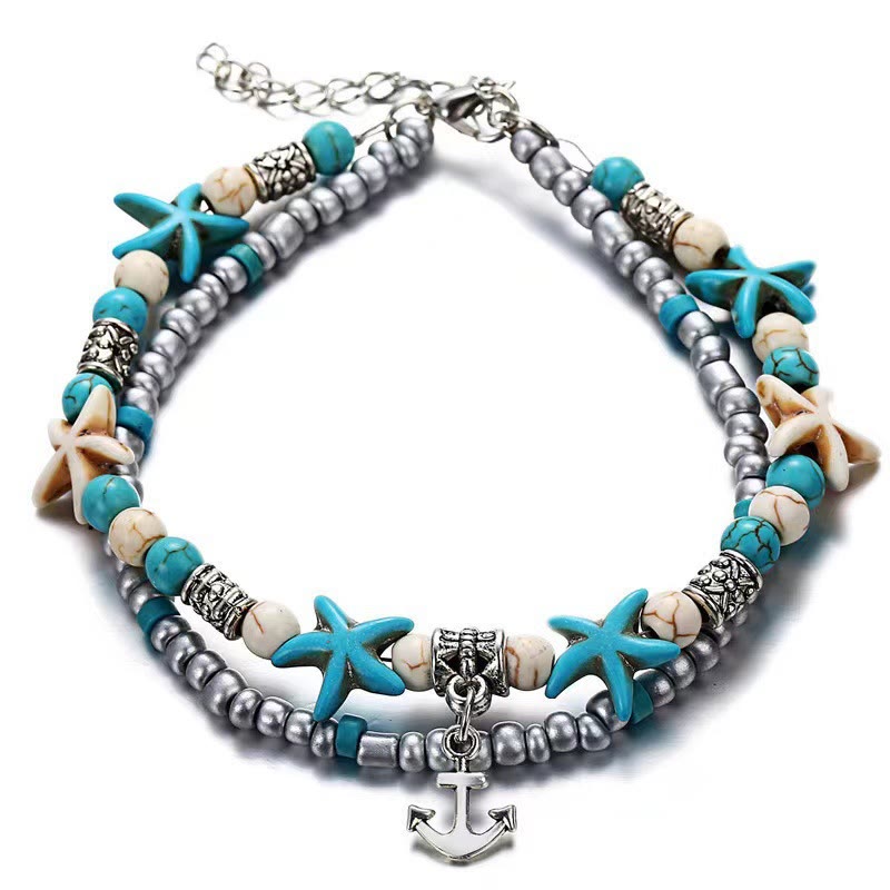Boho Sea Charm Double Strand Turquoise Beaded Anklet - image 11
