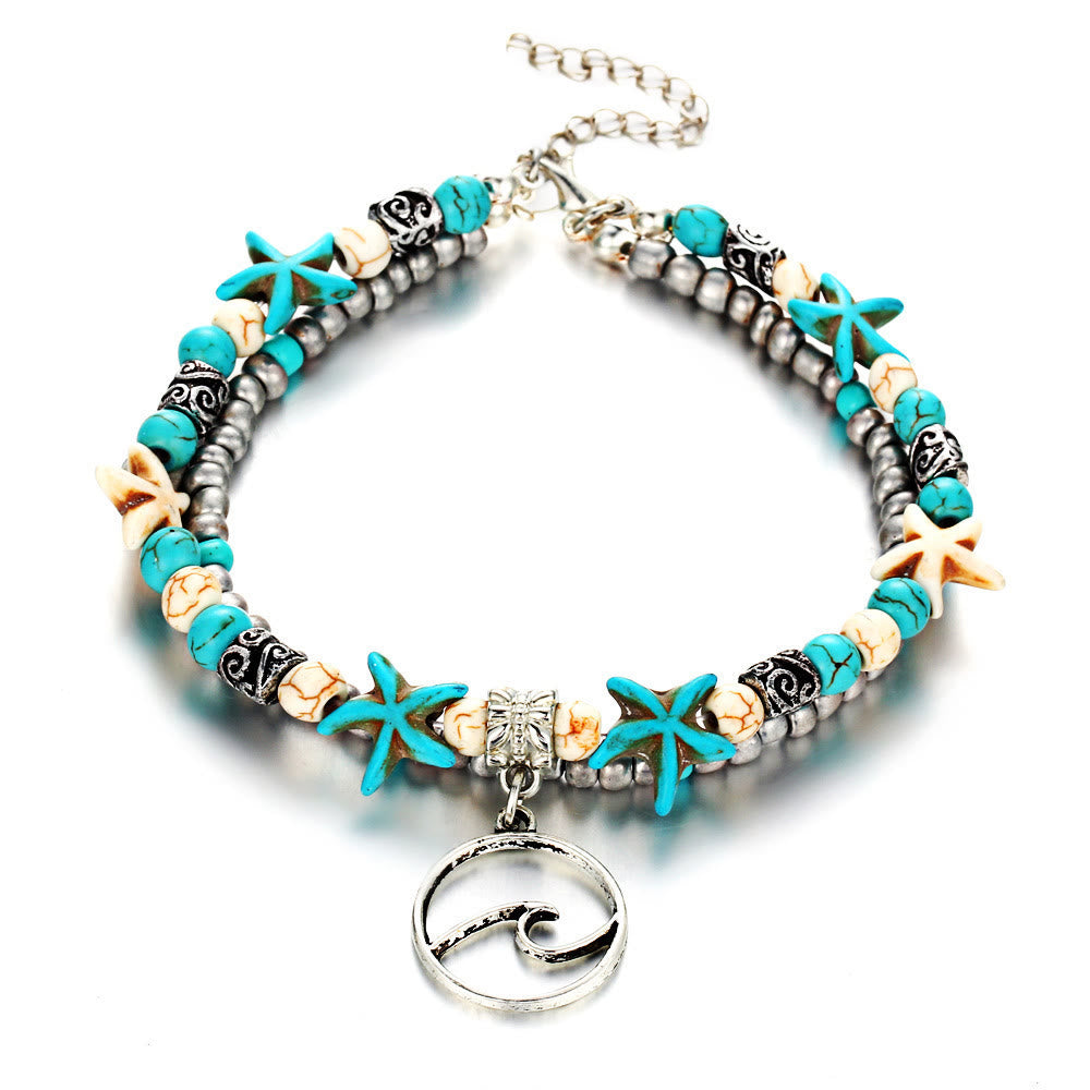 Boho Sea Charm Double Strand Turquoise Beaded Anklet - image 14