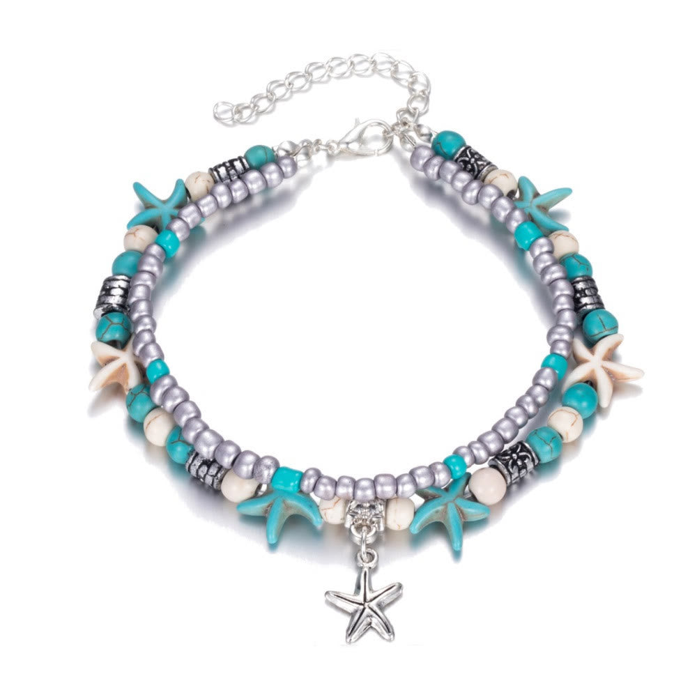 Boho Sea Charm Double Strand Turquoise Beaded Anklet - image 9
