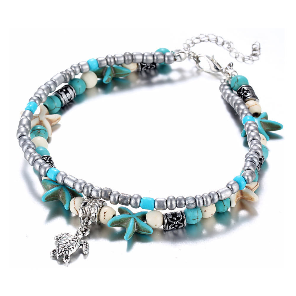 Boho Sea Charm Double Strand Turquoise Beaded Anklet - image 5