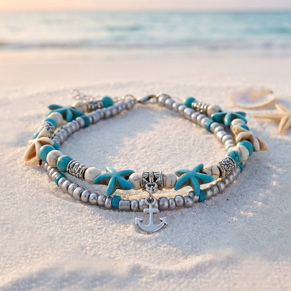 Boho Sea Charm Double Strand Turquoise Beaded Anklet - Anchor - image 10