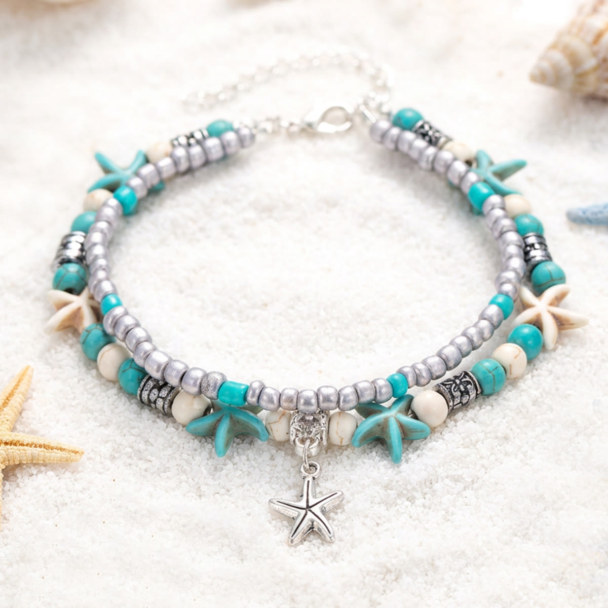 Boho Sea Charm Double Strand Turquoise Beaded Anklet - image 7