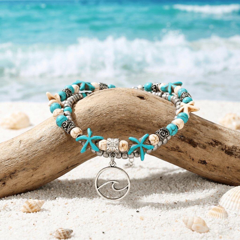 Boho Sea Charm Double Strand Turquoise Beaded Anklet - Sea Wave - image 13