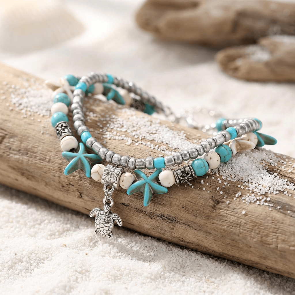 Boho Sea Charm Double Strand Turquoise Beaded Anklet - image 4