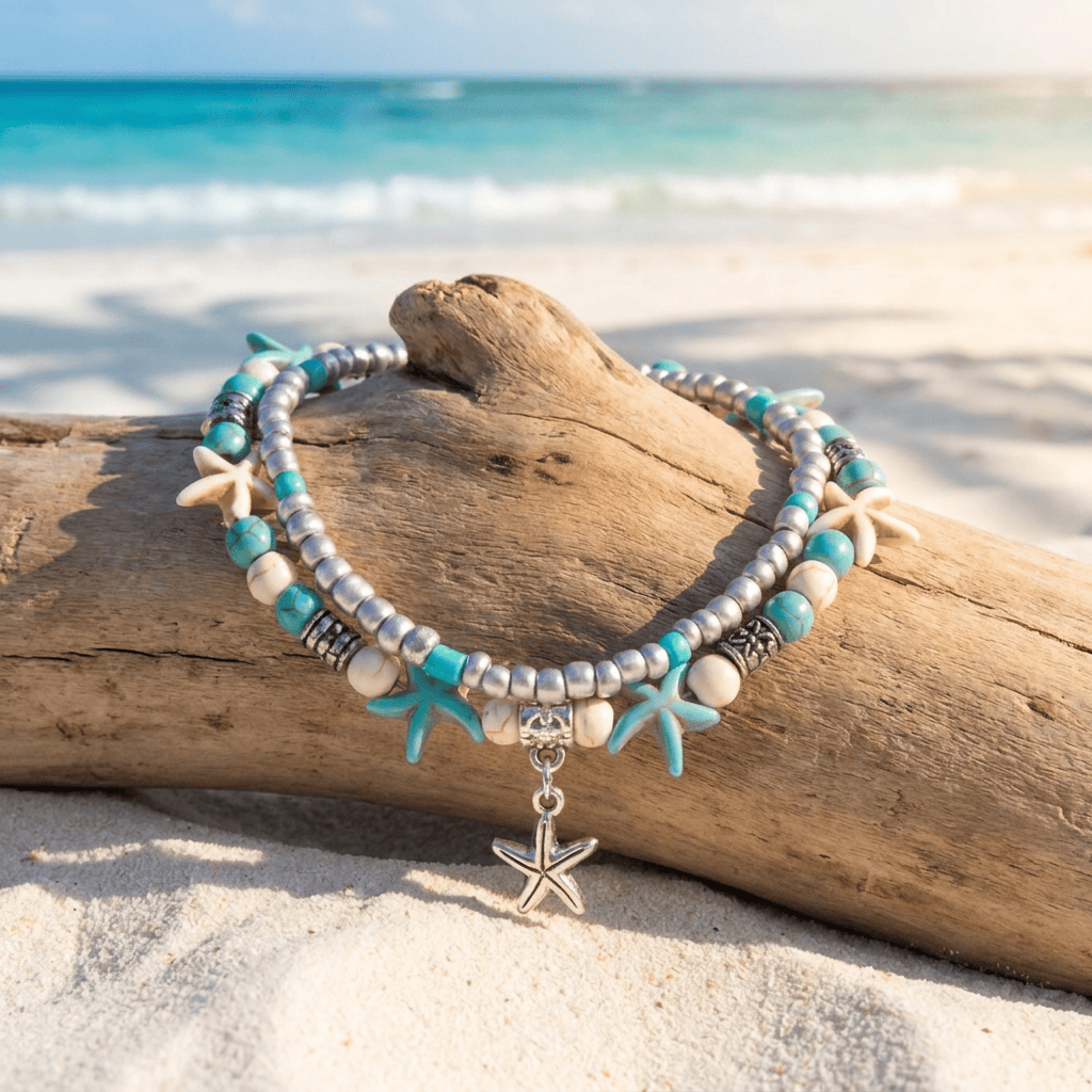 Boho Sea Charm Double Strand Turquoise Beaded Anklet - Starfish - image 6