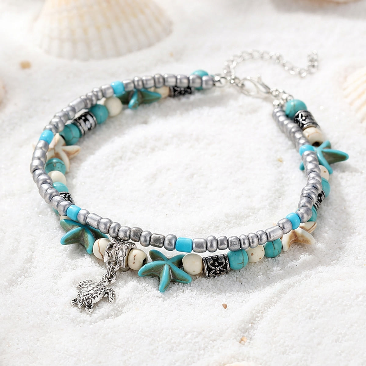 Boho Sea Charm Double Strand Turquoise Beaded Anklet - Turtle - image 0