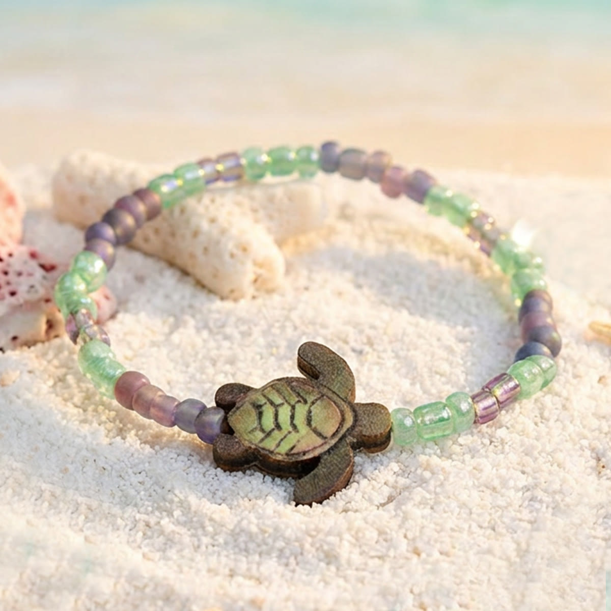 Sea Turtle Boho Beach Jewelry Beaded Anklet - Crafted from Recycled Glass to Save Marine Animals - Sea Turtle - 6.3"/16cm - image 0