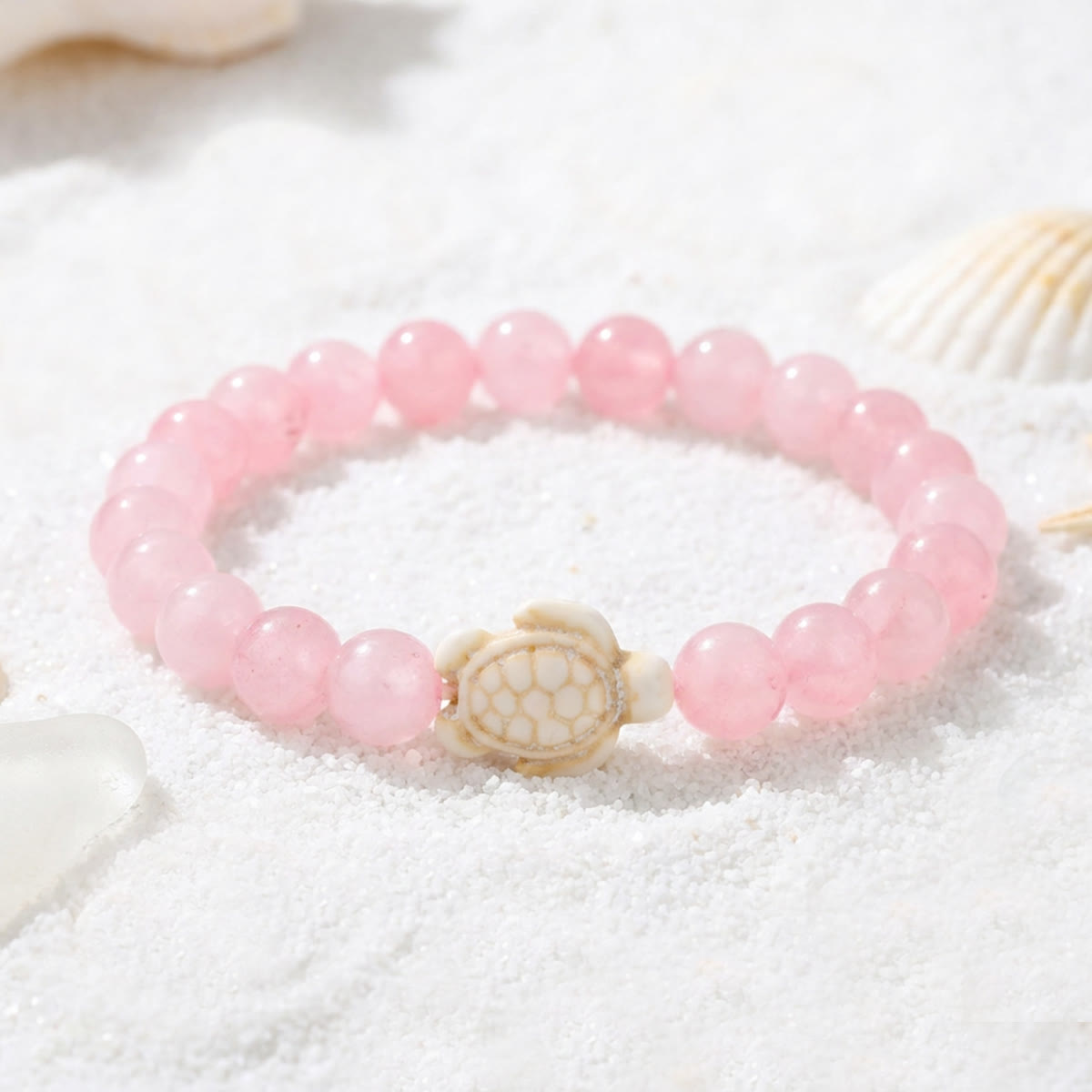 Ocean Agate Sea Turtle Beaded Stretch Bracelet - Recycled Sea Glass Beads Supporting Ocean Cleanup - Rose Quartz - 7.48"/19cm - image 22